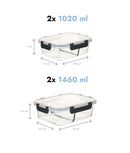 Set 4 caserole compartimentate din sticlă pentru mâncare, L + XL