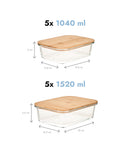 Set 10 caserole etanșe din sticlă, capac bambus, L + XL