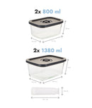 Set 4 caserole pentru vidat, sticlă borosilicată, perete dublu, pompă inclusă, 800 ml & 1380 ml